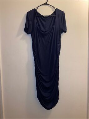Ruched Navy Midi Dress with Draped Neckline